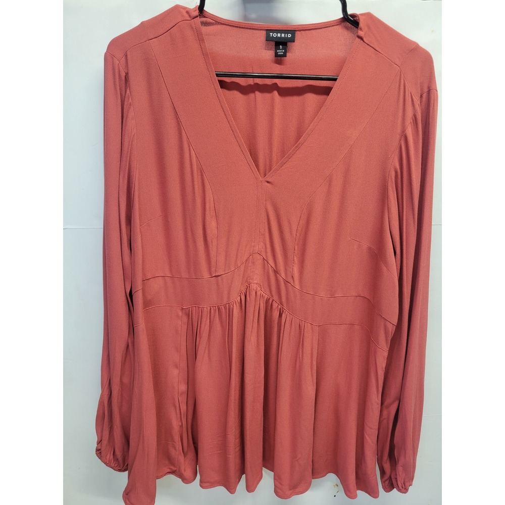 Torrid babydoll Long‎ Sleeve Peplum V Neck Tunic Top Coral Size 1
